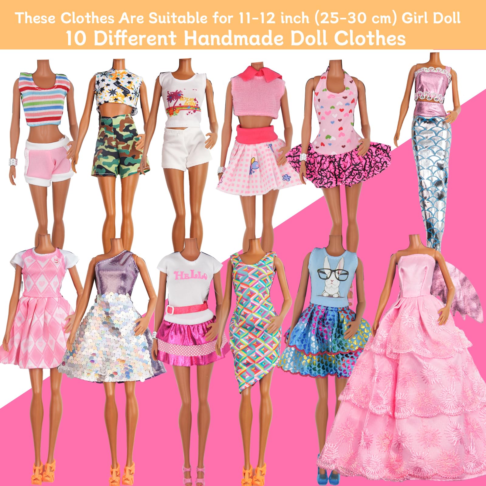 ZTWEDEN 90Pcs Doll Clothes and Accessories for 11.5 Inch Girl Dolls Set Contain 10 Different Handmade Party Grown Outfits, 1 Handmade Wedding Dress, 1