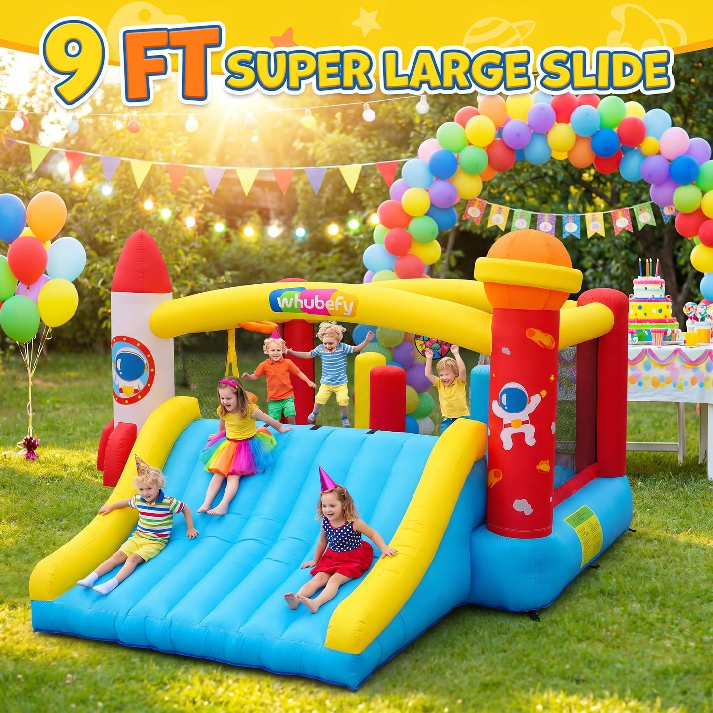 Whubefy Inflatable Bounce House for Big Kids 8-12, 13.4x13.4Ft Bouncy House Indoor/Outdoor, Jumping Castle with Blower for Kids, Space Theme Bounce