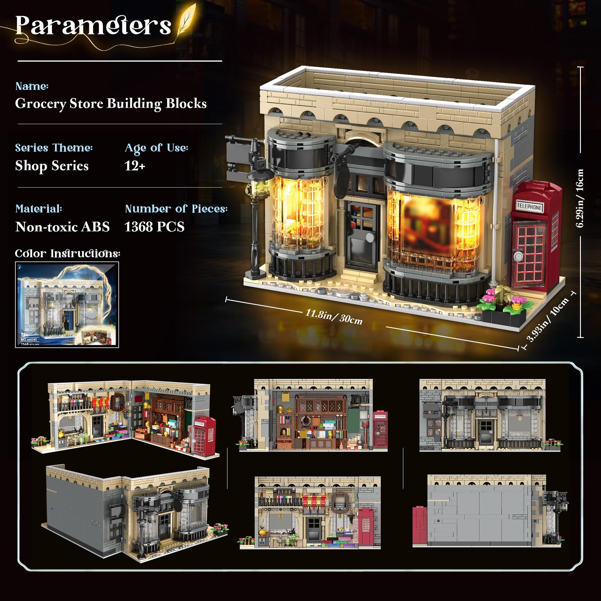 PleyWalden Grocery Store Building Blocks for Adults, for Diagon Alley Building Set with LED Light, Shop Window and Telephone Booth, House Toy for Home