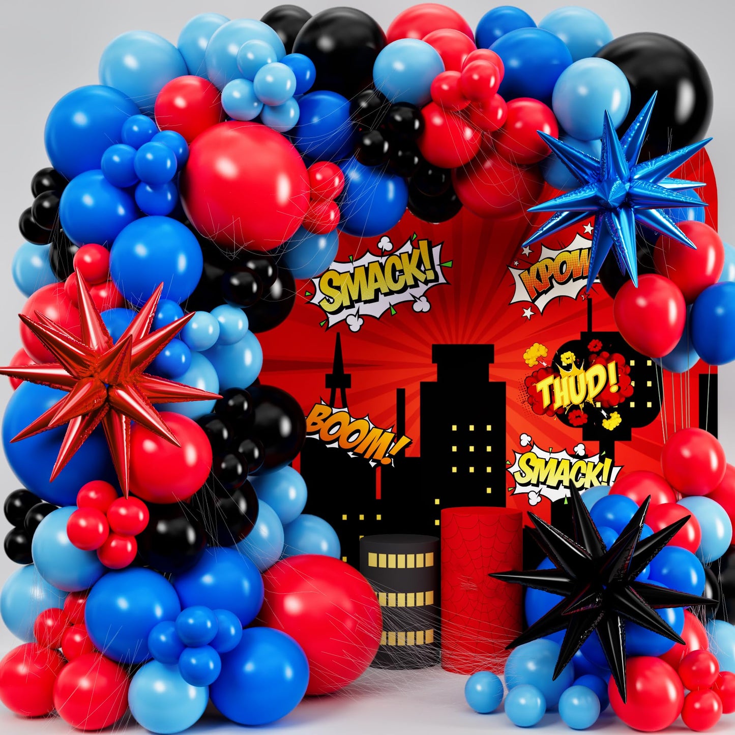 ALL-IN-1 Spider Balloon Arch Kit with BONUS Starburst for Spidy Birthday Decorations - Red Blue Spider Balloons for Spidy Man Party Decorations