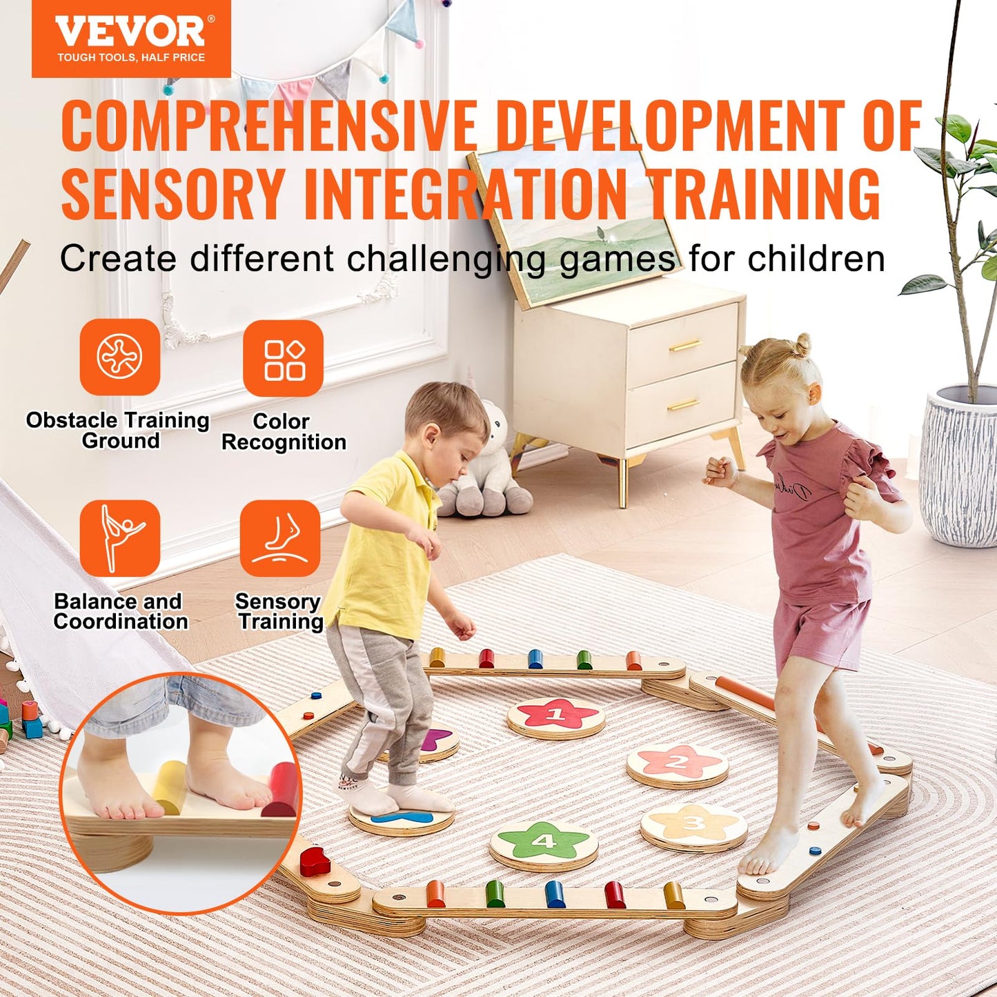 VEVOR Balance Beam Stepping Stones, 6 PCS Wooden Toddler Balance Boards, Montessori Toy for Kids 3-6, Build Coordination and Gross Motor Skills