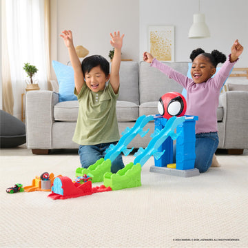 Marvel Spidey and His Amazing Friends Spidey’s Mega Jump HQ Track - 39-Inch Dual Race Track with Elevator, Control Center, Web Tunnels and Two