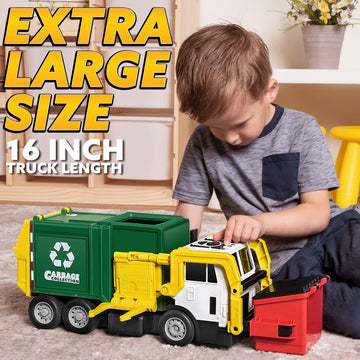 JOYIN Large Friction Powered Garbage Truck Toy Set, Includes 1 Dumpster, 3 Trash Bins, and 30 Learning Cards for Kids, Boy Toys Birthday Gift, Green
