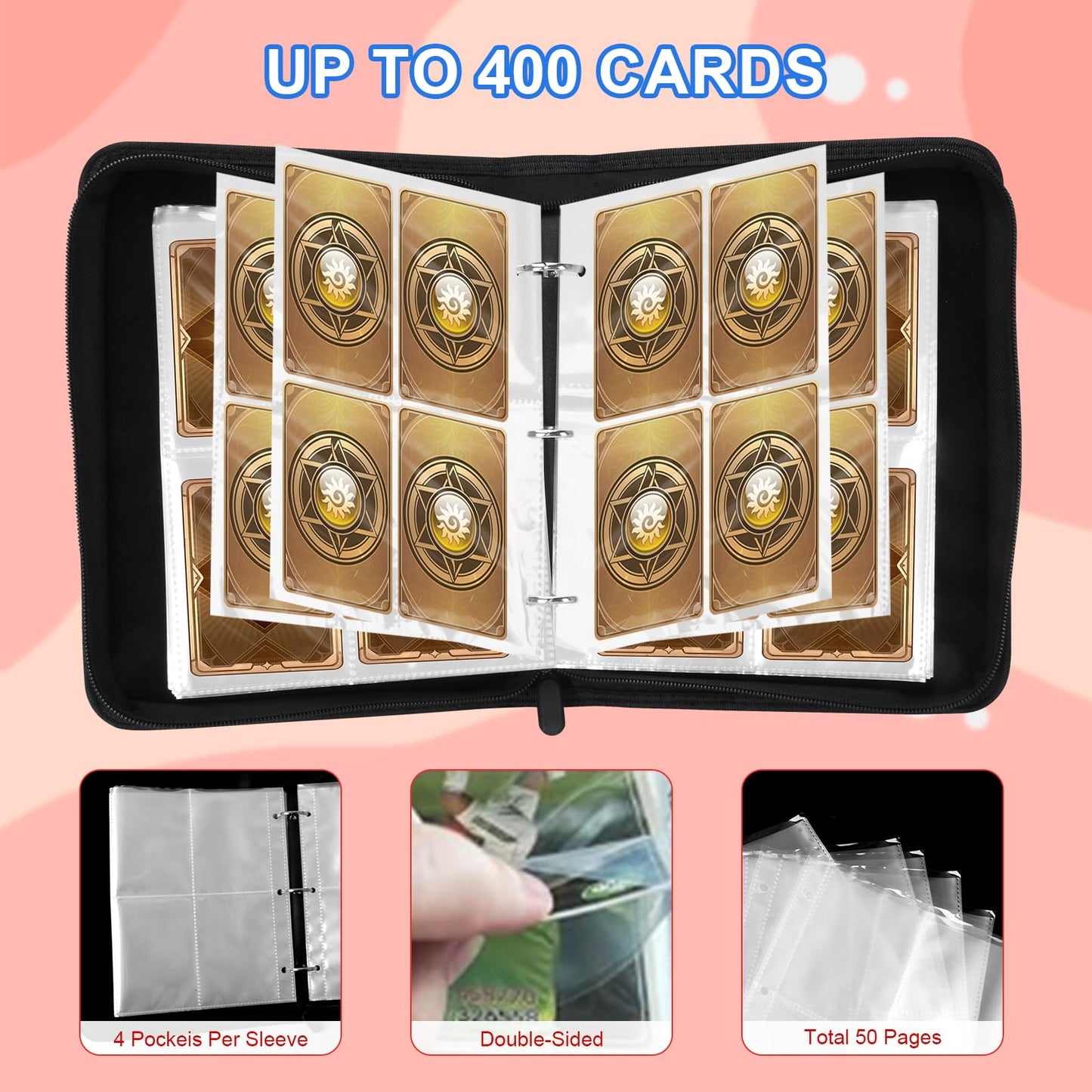 Awedsu Collectible Trading Card Albums,Collectible Trading Card Protective Sleeves,Card Binder 4-Pocket,400 Pockets Card Case Holder for TCG,Sports