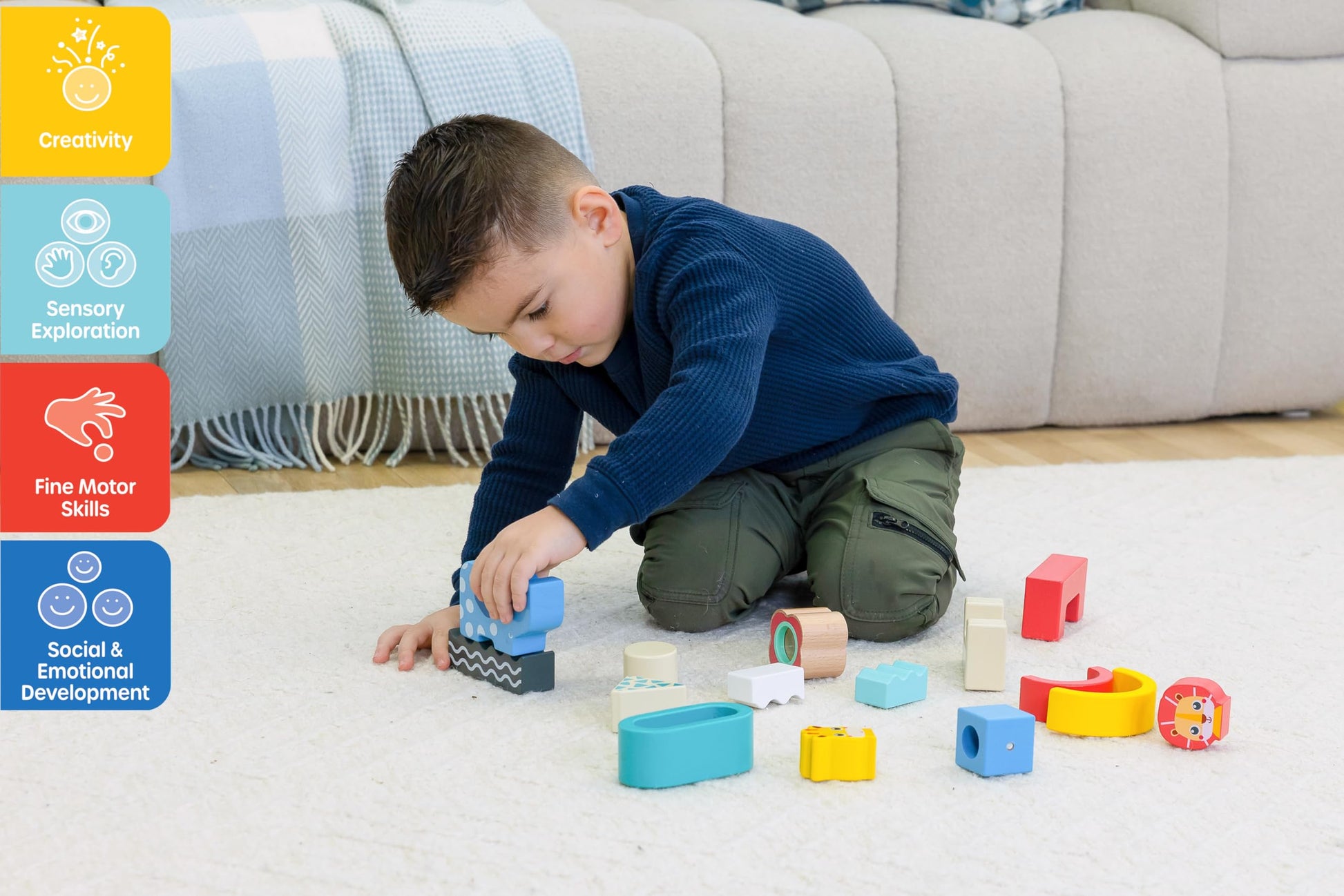 Jasey's Toy Chest Wooden Shape & Animal Blocks - 15-Piece Chunky Wooden Set with Rattle, Bell & Colorful Beads for Toddlers Ages 12+ Months