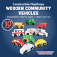 Constructive Playthings Set of 10 Wooden Community Vehicles, Freewheeling Wooden Cars and Trucks, Imaginative Play for Ages 3 Years and Up