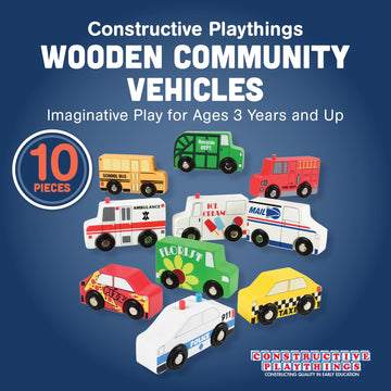 Constructive Playthings Set of 10 Wooden Community Vehicles, Freewheeling Wooden Cars and Trucks, Imaginative Play for Ages 3 Years and Up