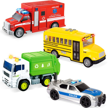 JOYIN 4 Pcs 7" Long Vehicle Toy Set, Toddlers Cars with Lights and Siren Sound, Including Play Police Car, School Bus, Garbage Truck, Ambulance