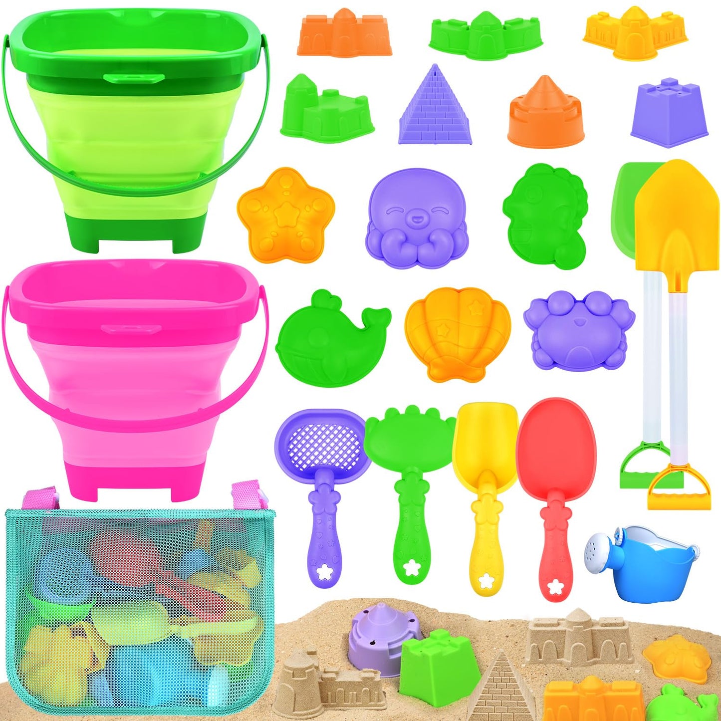 Collapsible Beach Sand Toys for Kids Toddlers with Sand Bucket, Marine Animal Molds, Castle Building Molds, Shovels, Storage Mesh Bag, Travel Sand