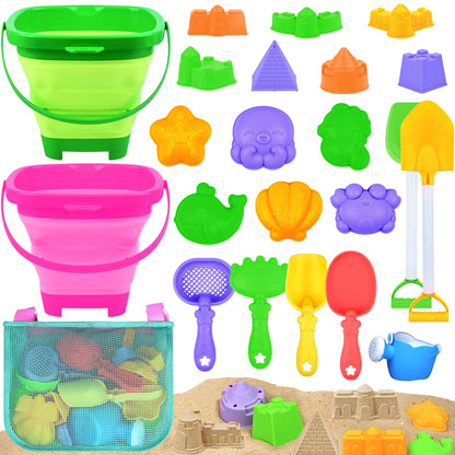 Collapsible Beach Sand Toys for Kids Toddlers with Sand Bucket, Marine Animal Molds, Castle Building Molds, Shovels, Storage Mesh Bag, Travel Sand