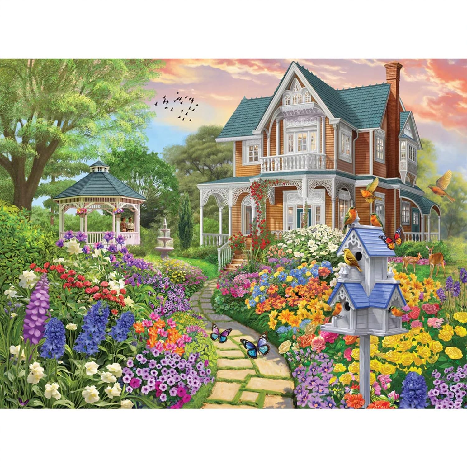 Bits and Pieces 300 Piece Puzzles for Adults 300 Large Pieces 18" x 24" Jigsaw Puzzles, Flowers Birds Gazebo, Random Die Cut, No 2 Pieces Alike