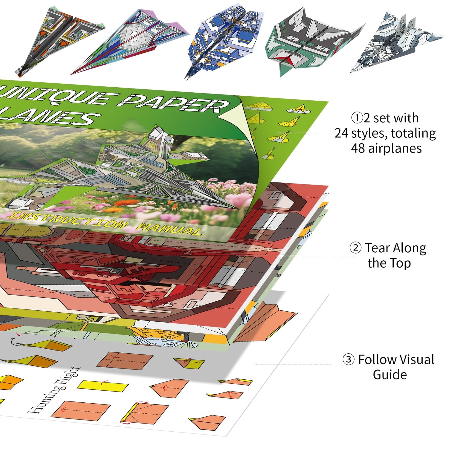 Elfew 48 Sheet Paper Airplane Kit for Kids Ages 6-8,8-12, Origami Paper Plane Kits for Boys, Crafts for Kids Activities, Origami Book, Airplane Toys