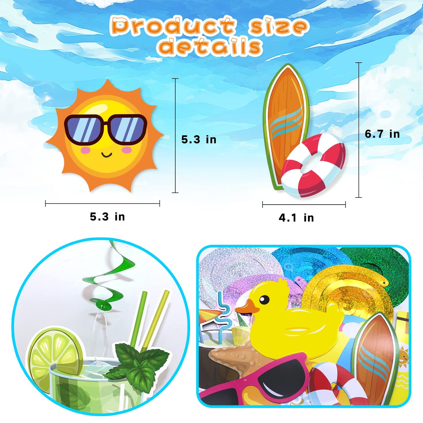 Summer Pool Beach Hanging Swirls Banner Decor 30 Pack Foil Ceiling Hanging Swirls Streams Banner Decorations Garland for Kids Luau Hawaii Celebrating