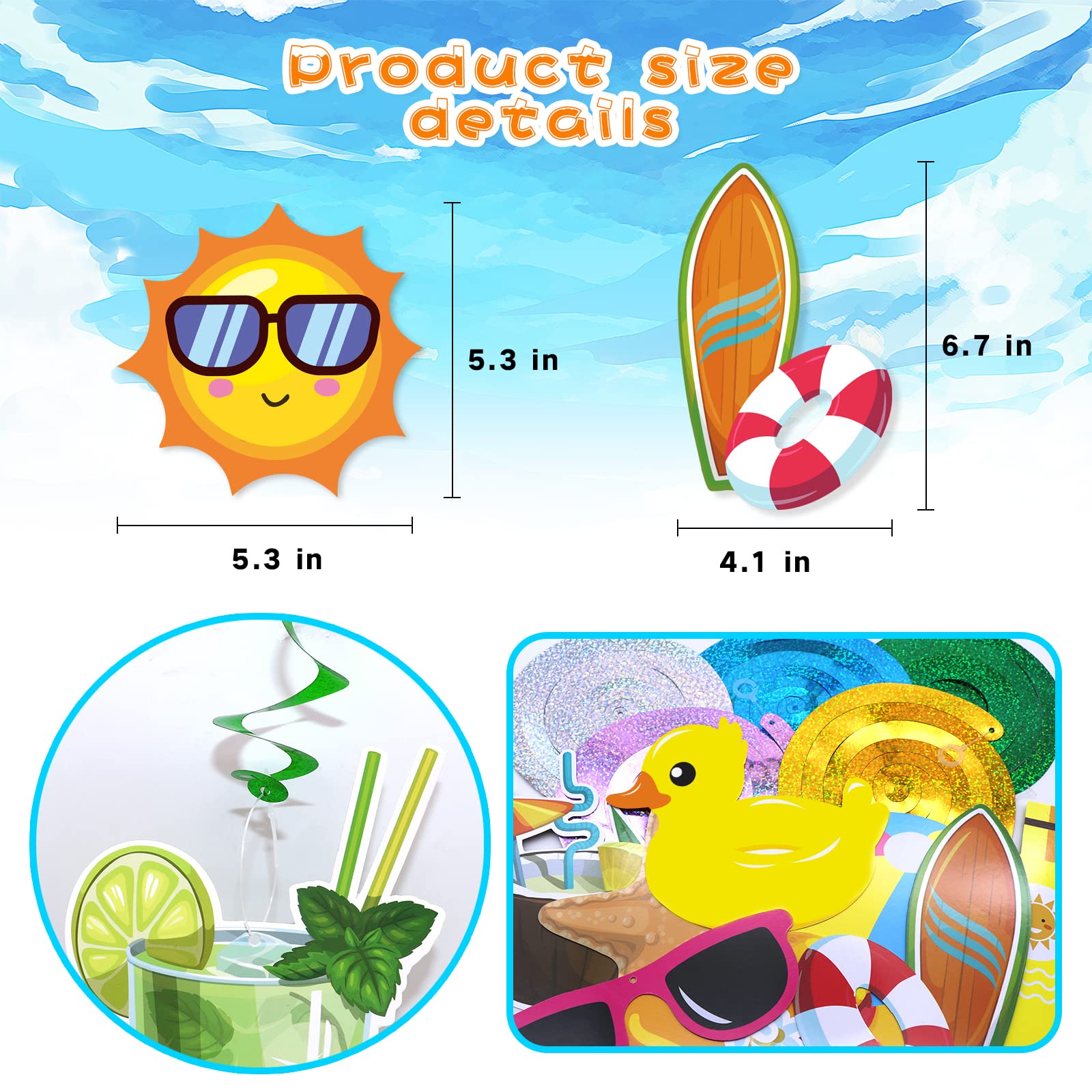 Summer Pool Beach Hanging Swirls Banner Decor 30 Pack Foil Ceiling Hanging Swirls Streams Banner Decorations Garland for Kids Luau Hawaii Celebrating