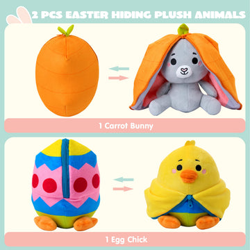 JOYIN 2 PCS Easter Stuffed Animal Plush Hiding Bunny Chick, Floppy Rabbit Ear Chick Wing Plushie with Zipper, Hide Carrot Egg Pillow, Reversible