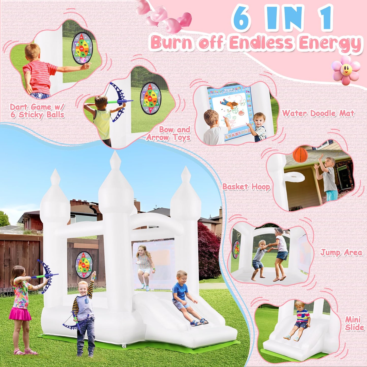 White Bounce House for Kids 3-6 with Slide Blower & Balloon & Water Doodle Mat, Indoor Inflatable Bouncy Castle for Toddlers 1-3, Mini Jump Play House