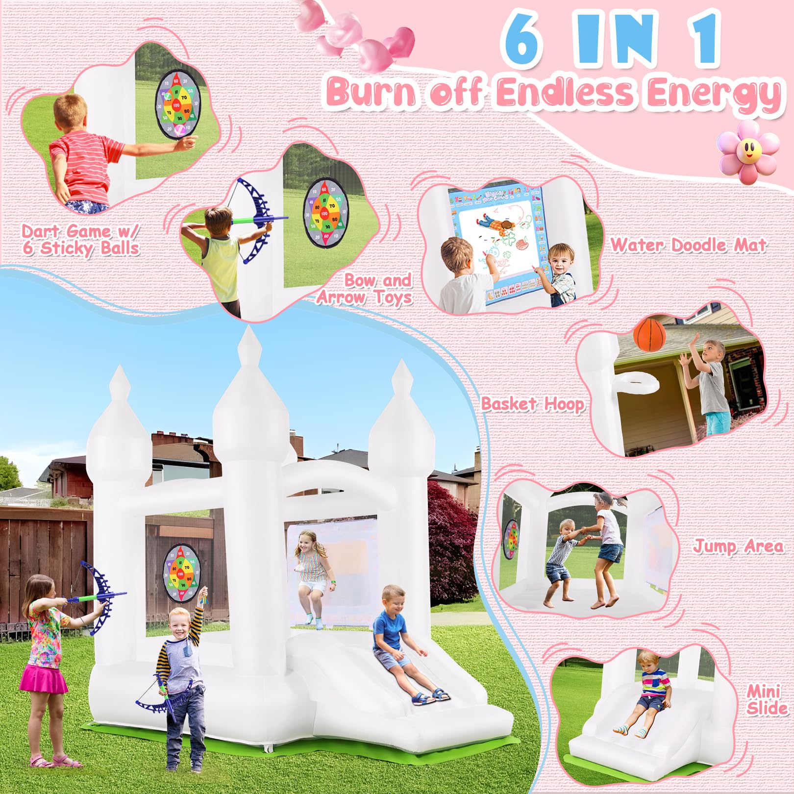 White Bounce House for Kids 3-6 with Slide Blower & Balloon & Water Doodle Mat, Indoor Inflatable Bouncy Castle for Toddlers 1-3, Mini Jump Play House