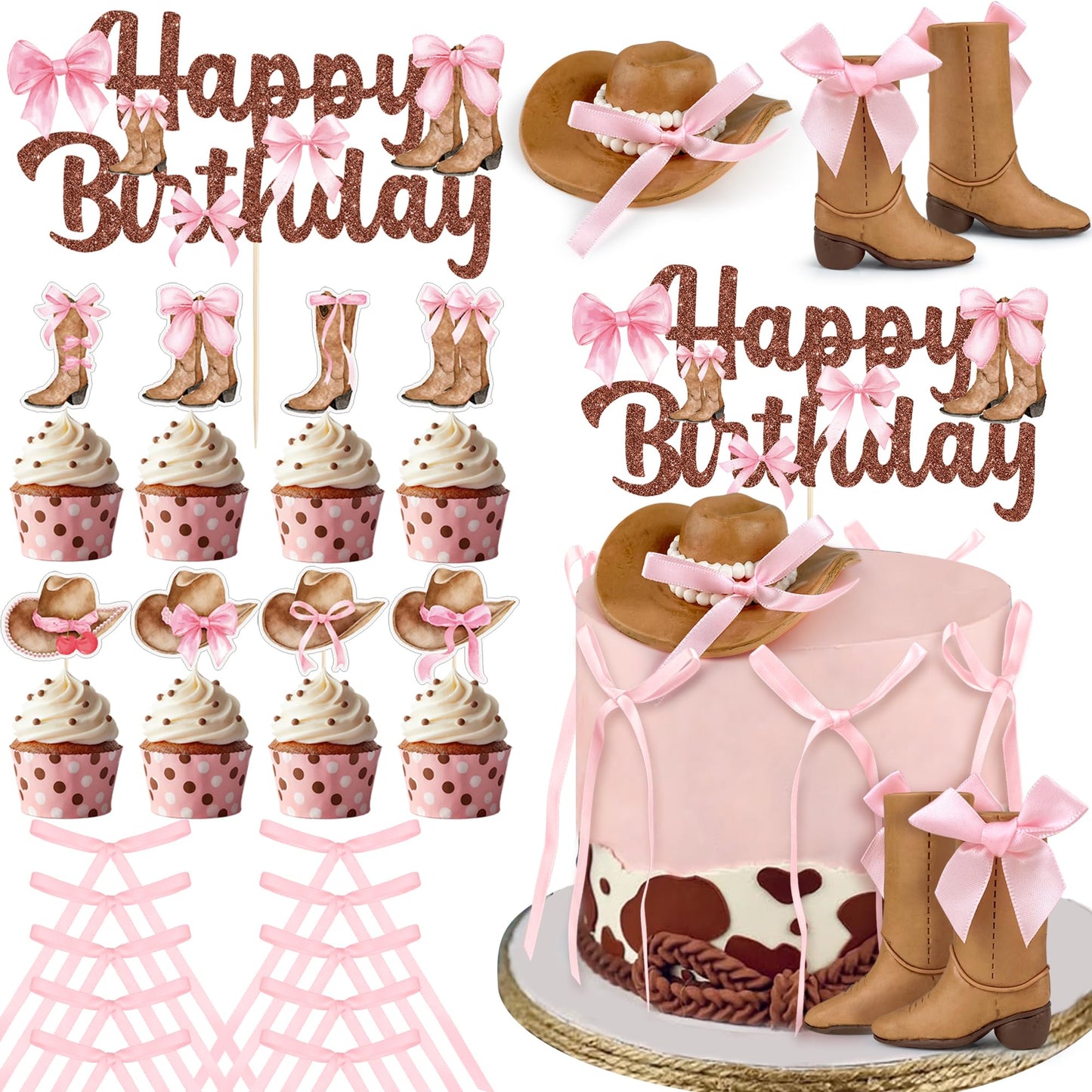 26 PCS Cowgirl Bows Cake Decorations Hat and Boot Cake Toppers for Western Theme Birthday Baby Shower Cowgirl Party Supplies (Classic)
