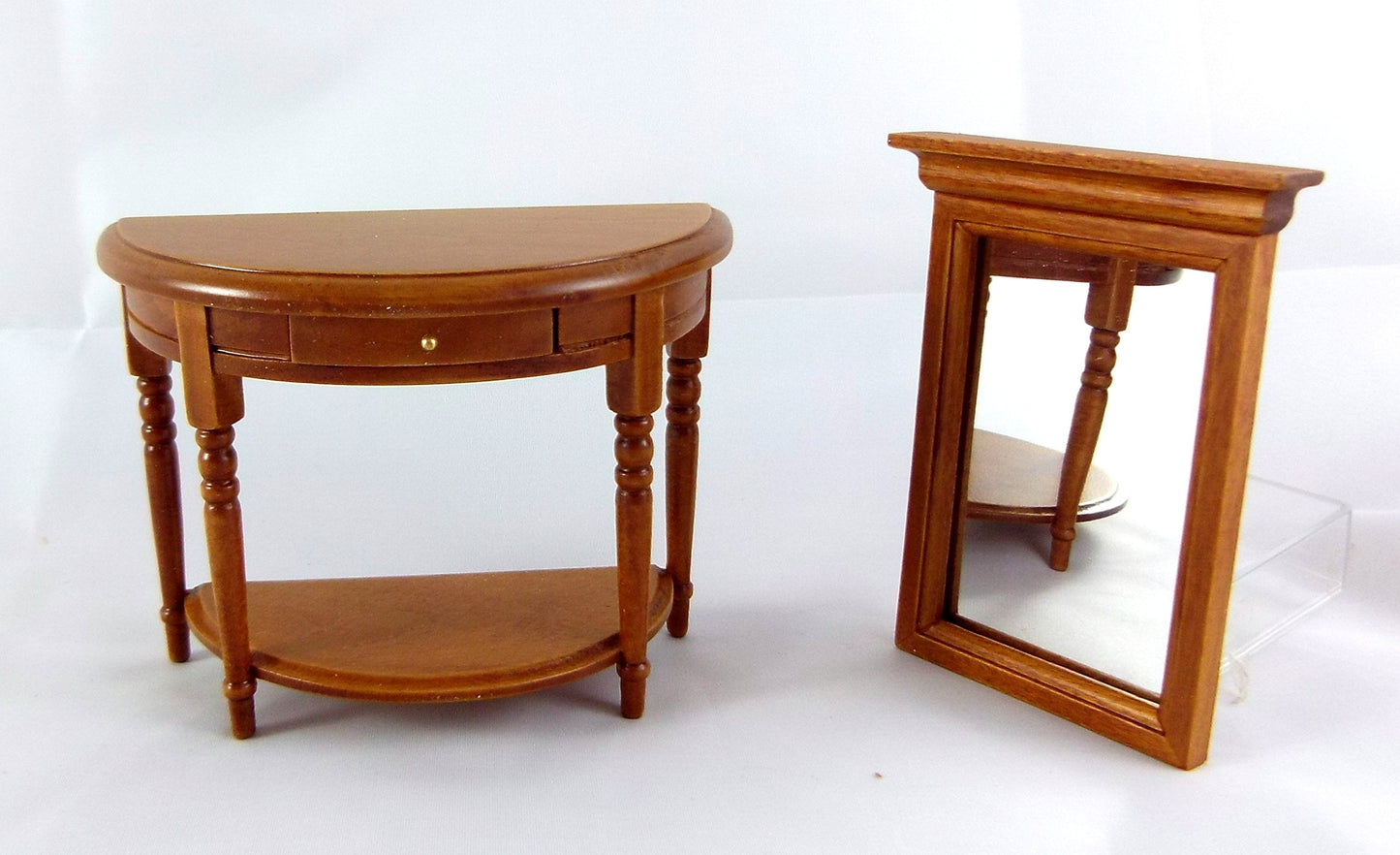 Melody Jane Dolls Houses' Dollhouse Half Moon Walnut Wood Demi Table & Mirror Miniature Hall Furniture