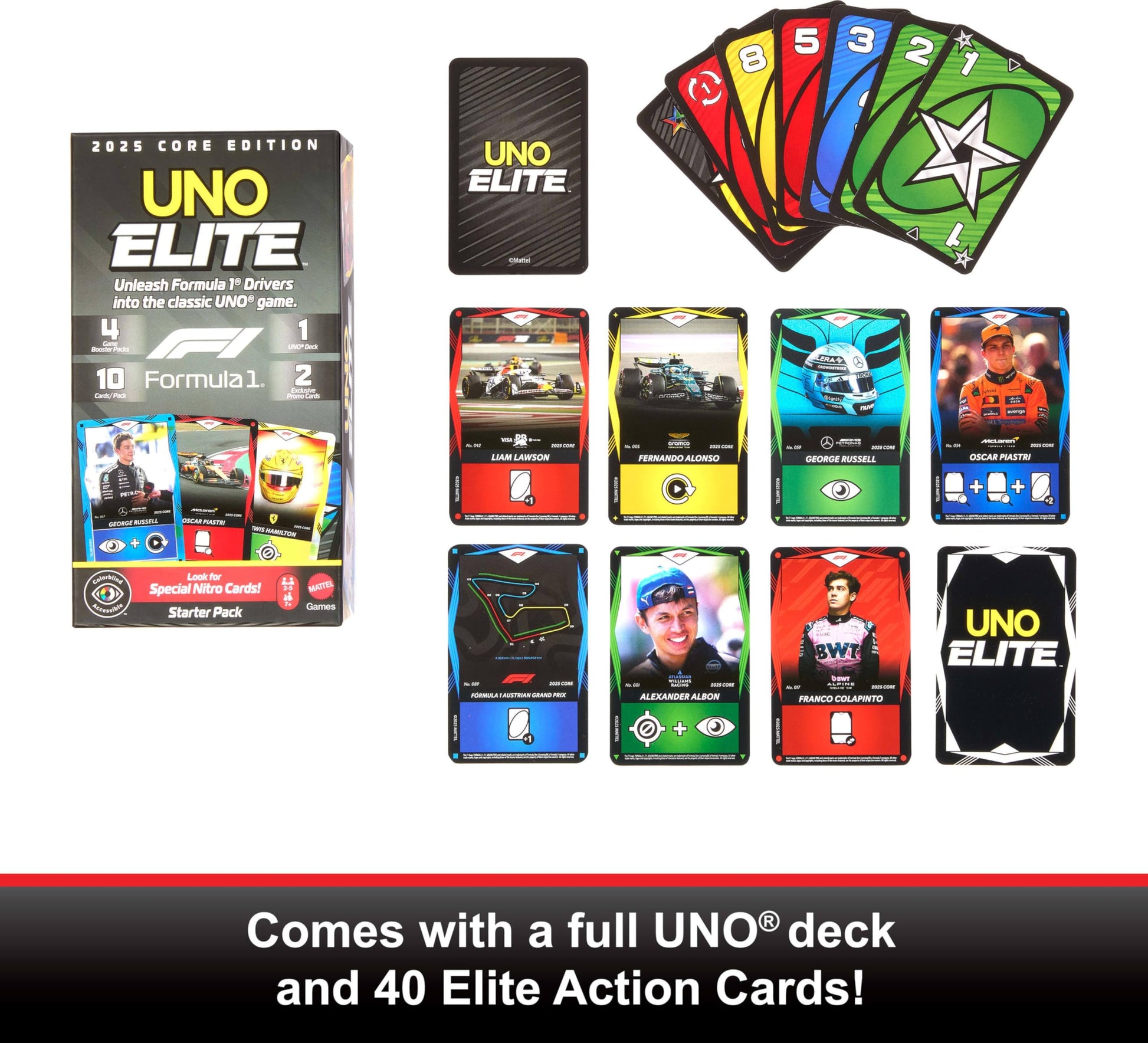 Mattel Games UNO Elite Formula 1 2025 Core Edition Starter Pack Card Game with 4 Game Booster Packs & 2 Promo Cards for Kids, Fans, Families & Game