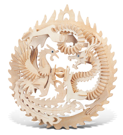 Puzzled Lucky Dragon and Phoenix Wooden 3D Puzzle - Wooden Dragon and Phoenix Puzzle Toy, Educational DIY Phoenix and Dragon Puzzle, 3D Wooden Puzzle