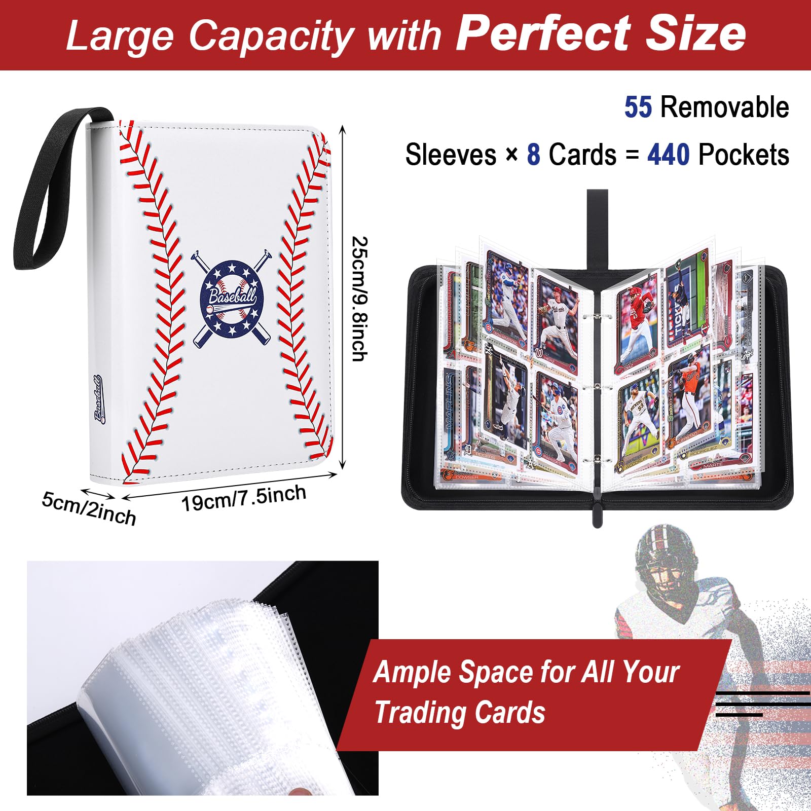 PORANDIA Baseball Card Binder 440 Pockets, Trading Card Album with Sleeves, Sports Card Binder with Card Display Design, Baseball Card Holder Album
