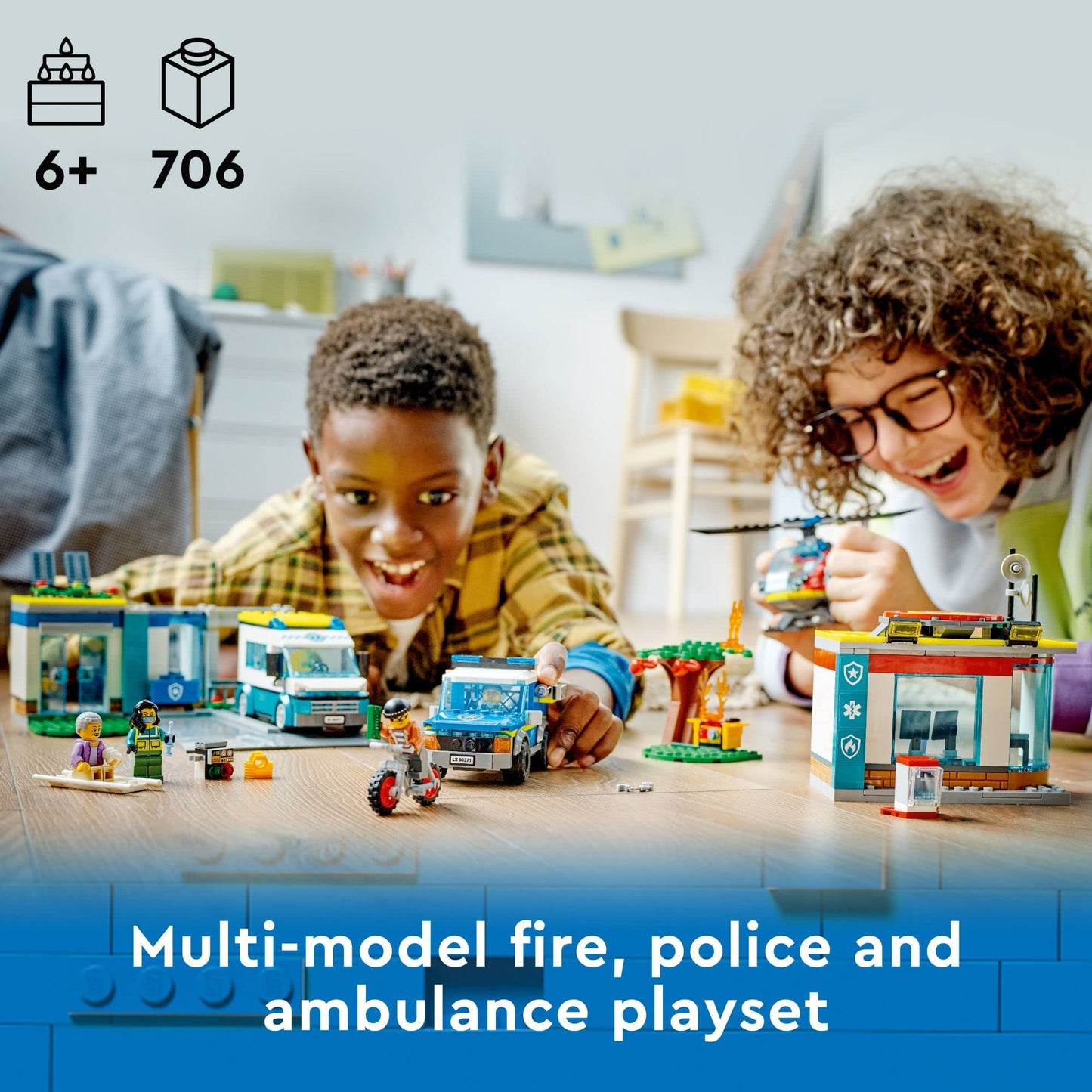 LEGO City Emergency Vehicles HQ 60371, Fire Rescue Helicopter Toy Set, Ambulance, Motorbike and Police Car Toys, Gift for Kids, Boys & Girls Age 6