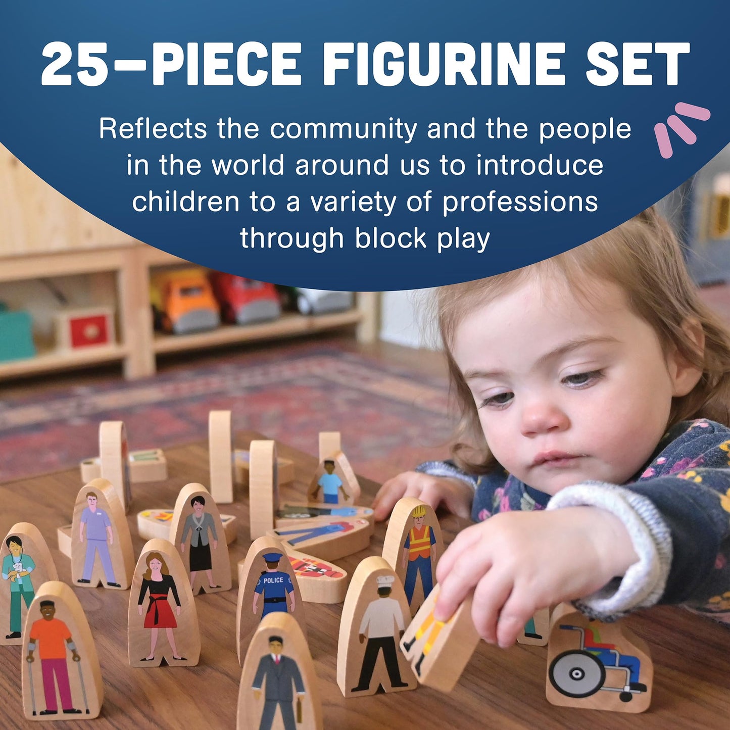 Constructive Playthings Wooden Community Helpers 25-Piece Wood Block Play Figurine Set, Freestanding Inclusive and Diverse Wood Toy Figures for Kids