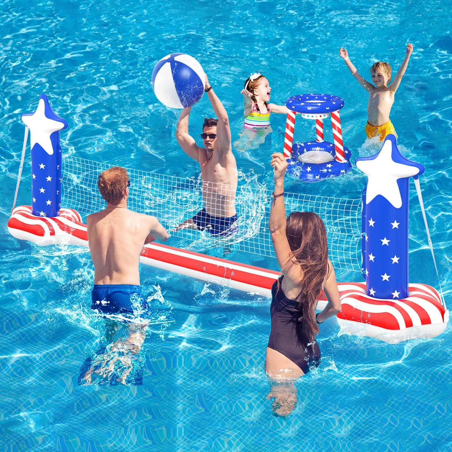 Aotiooy 4th of July Pool Toys Games Set, 2 in 1 Inflatable Volleyball Net & Basketball Hoop, Large Water Floating Volleyball Toy Summer Party for Kids