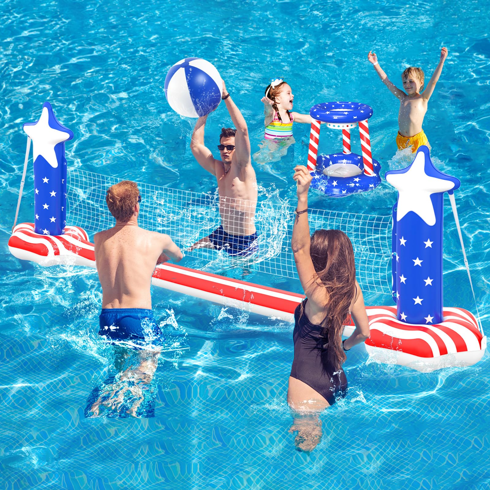 Aotiooy 4th of July Pool Toys Games Set, 2 in 1 Inflatable Volleyball Net & Basketball Hoop, Large Water Floating Volleyball Toy Summer Party for Kids