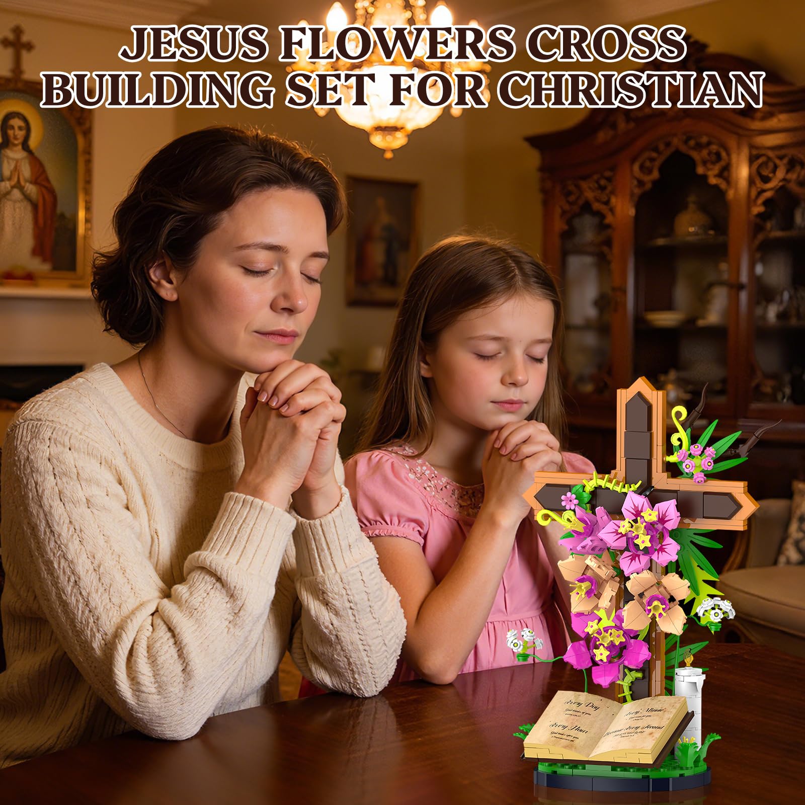 Jesus Cross Flowers Building Blocks Set, Religious Crucifix Compatible with Jesus Building Toy for Decor, Catholic Bible Building Toys, Christmas