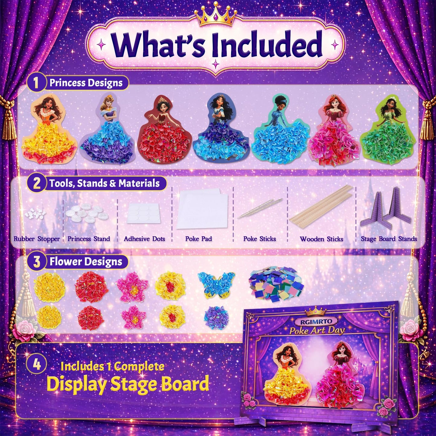 RGIMRTO Poke Art Craft Kit for Kids, 2-in-1 7 Princess +10 Flowers Craft Set with Display Board, Mess Free Craft Activity Birthday Gift for Girls Ages