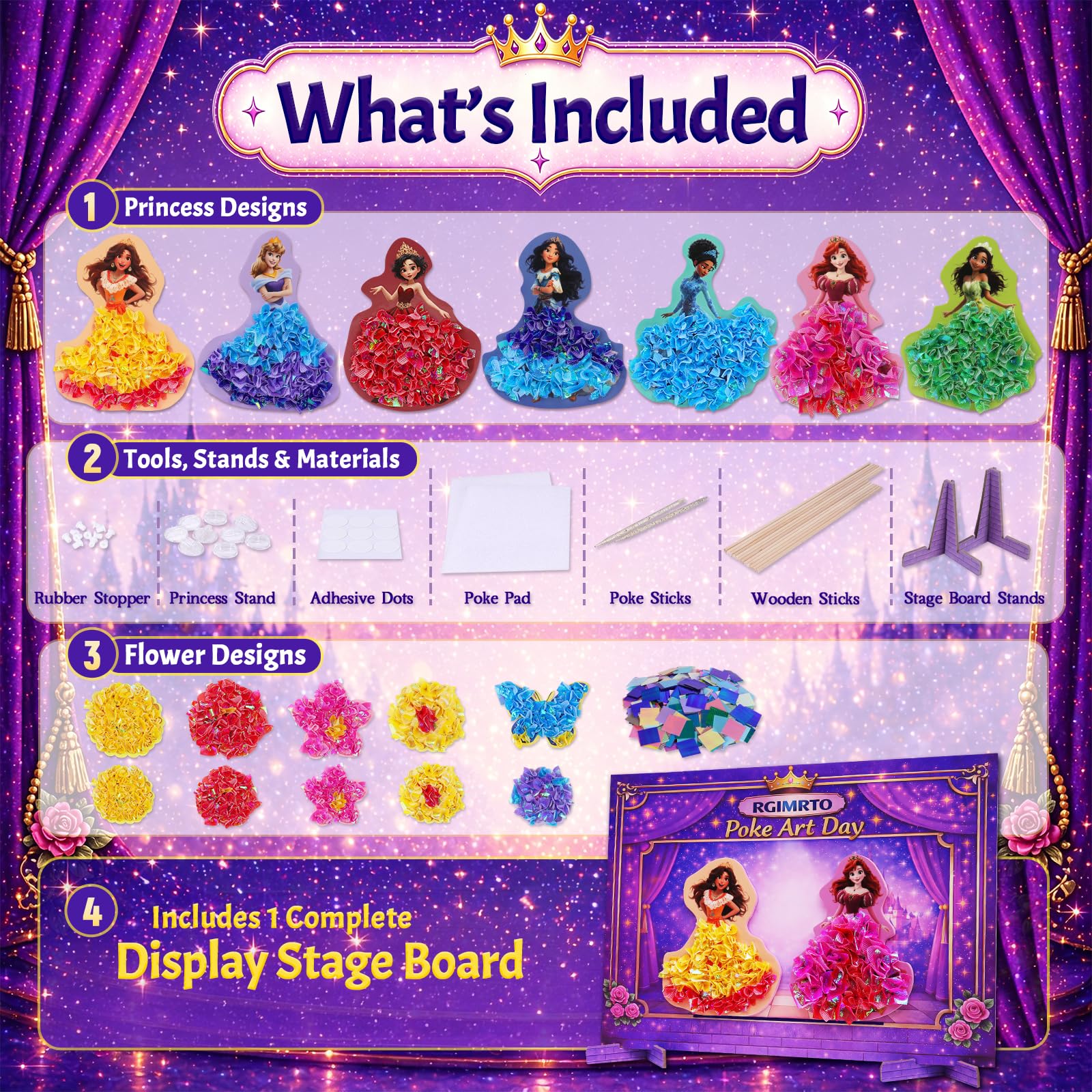 RGIMRTO Poke Art Craft Kit for Kids, 2-in-1 7 Princess +10 Flowers Craft Set with Display Board, Mess Free Craft Activity Birthday Gift for Girls Ages