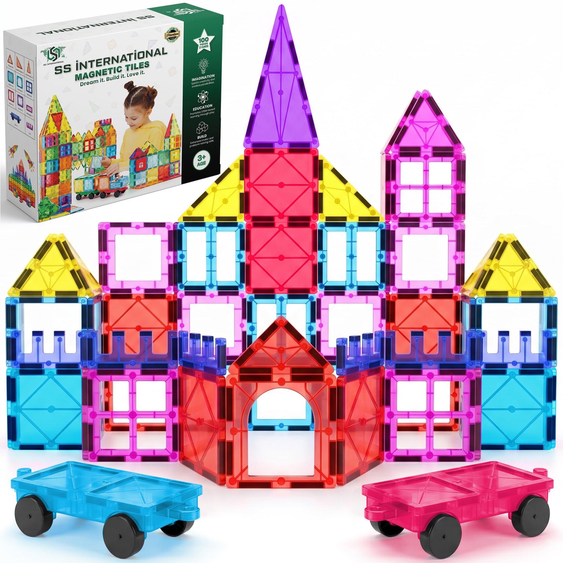 SS INTERNATIONAL Magnetic Tiles Construction Set for Kids 100 PCS with 2 Cars | STEM Learning & Preschool Educational Toy | Creative Magnetic Building