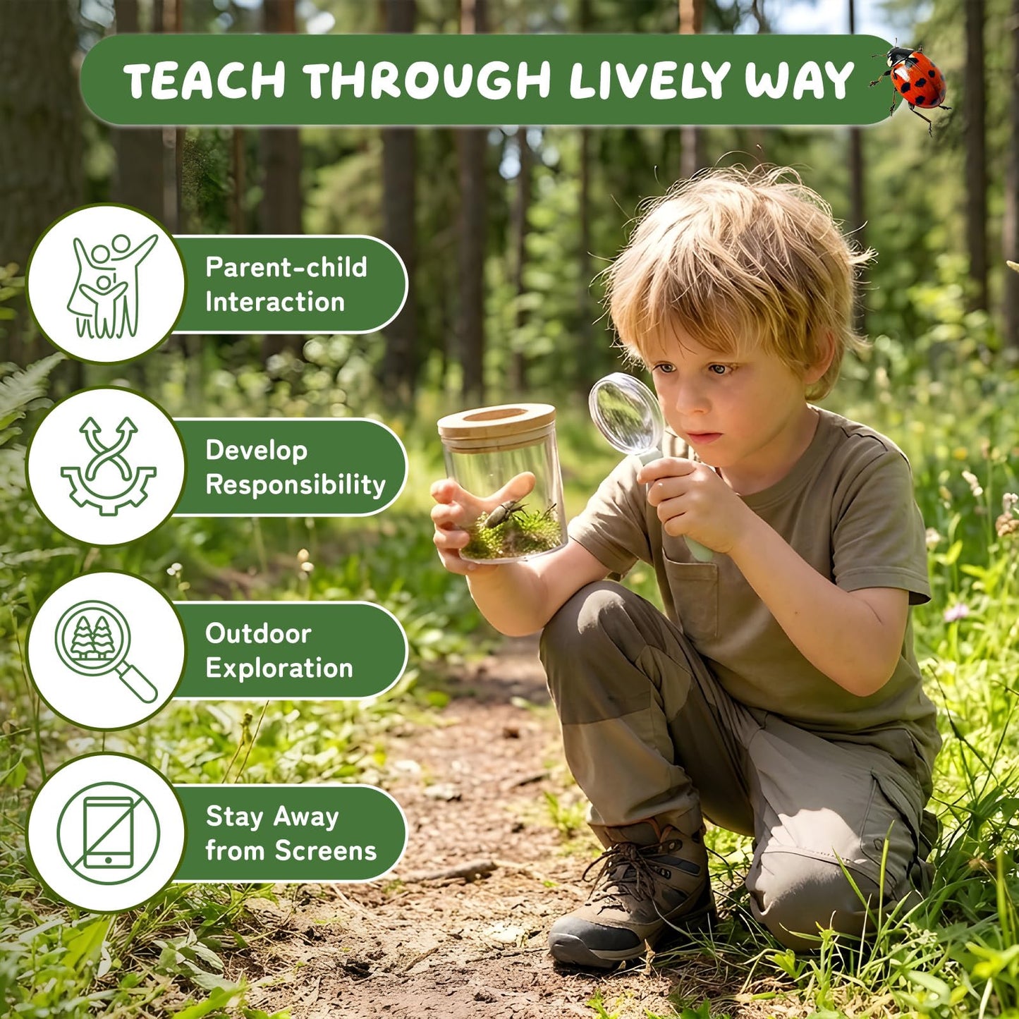 Bug Catcher for Kids, Wooden Bug Catching Outdoor Toys for Ages 4-8, STEM Explorer Activities with Butterfly Net Magnifying Glass Tweezers Insect