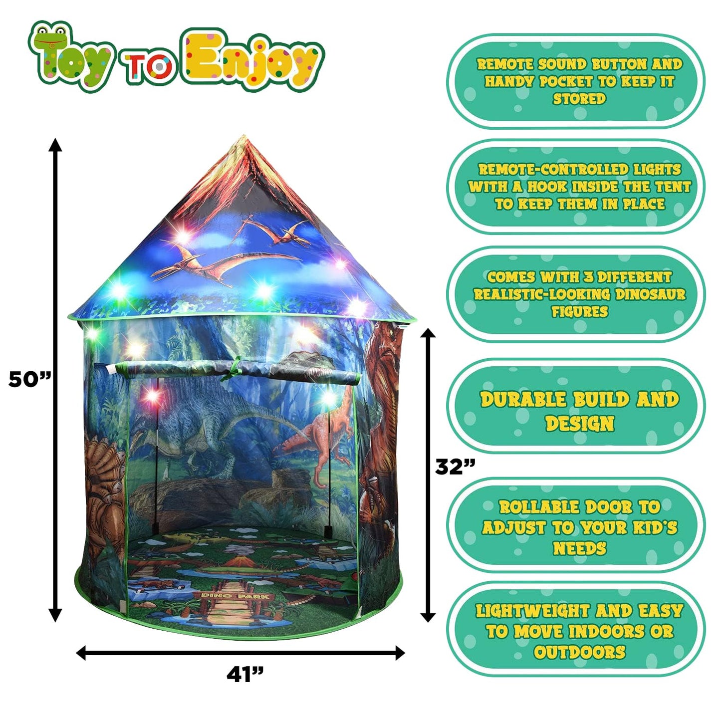 Dinosaur Pop Up Kids’ Play Tent by Toy to Enjoy - Perfect for Indoor & Outdoor. Dinosaur Camping Tent for Toddlers, Boys&Girls. Includes Remote