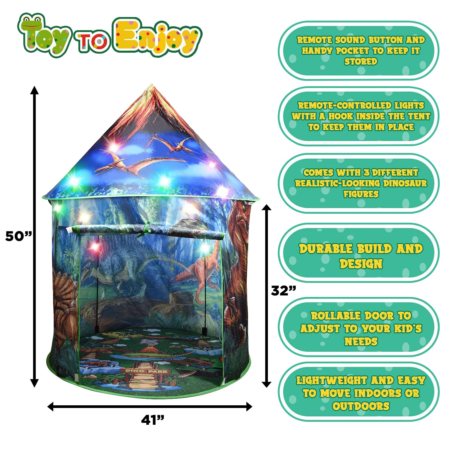 Dinosaur Pop Up Kids’ Play Tent by Toy to Enjoy - Perfect for Indoor & Outdoor. Dinosaur Camping Tent for Toddlers, Boys&Girls. Includes Remote