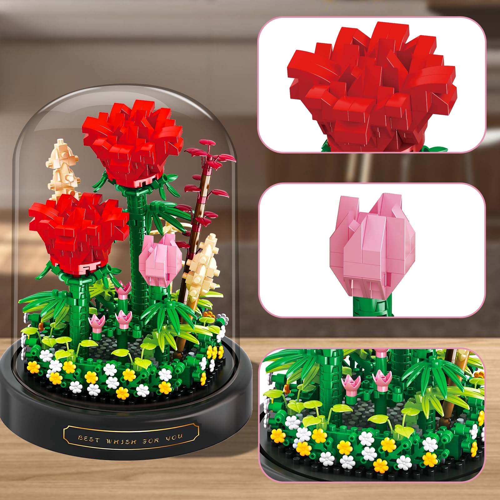 Linkowin Flower Bouquet Building Set - 593PCS Rose Home Plant Decor, Botanical Collection Block Toy for Valentine Birthday Gifts Adults Women Mom Kids