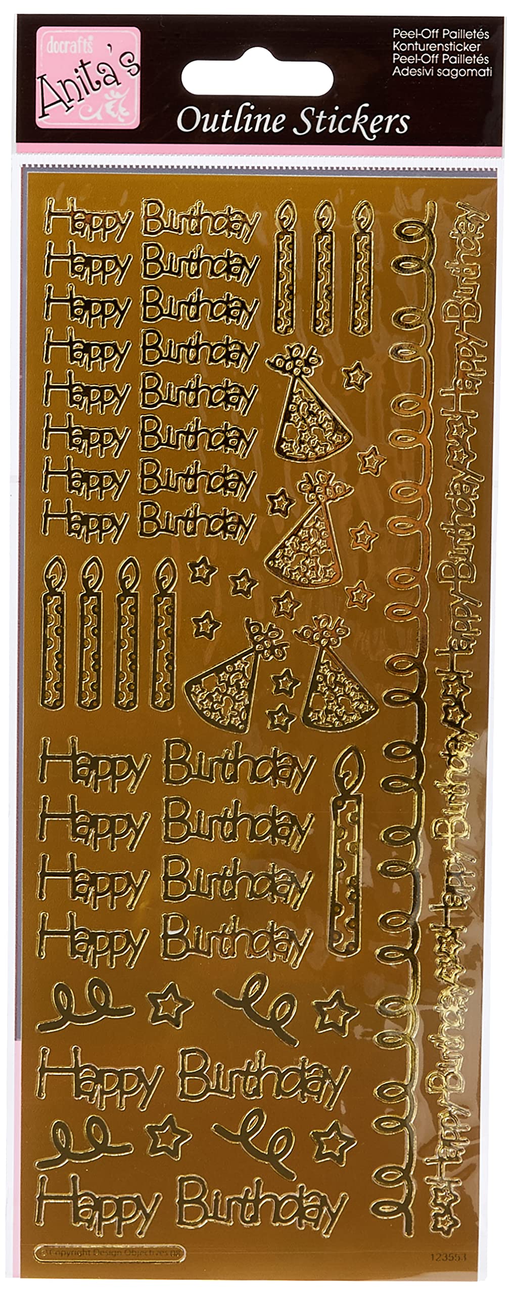 Anitas Outline Stickers, Happy Birthday, Gold, for Scrapbooking, Card Making, Kids Play, Homework, Art, Craft, Embelish, Decorative, Paper, Card