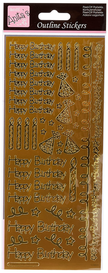 Anitas Outline Stickers, Happy Birthday, Gold, for Scrapbooking, Card Making, Kids Play, Homework, Art, Craft, Embelish, Decorative, Paper, Card