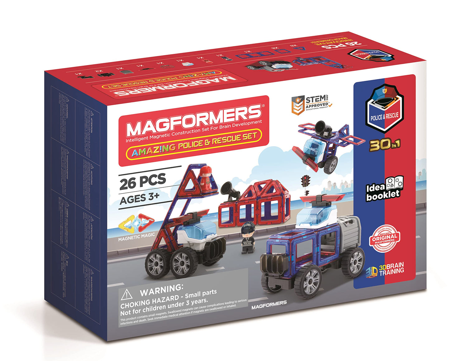Magformers 717001 Amazing Police and Rescue Set Magnetic Construction Toy, Red, Blue, Black, Grey, ages 3+, 26 pieces,
