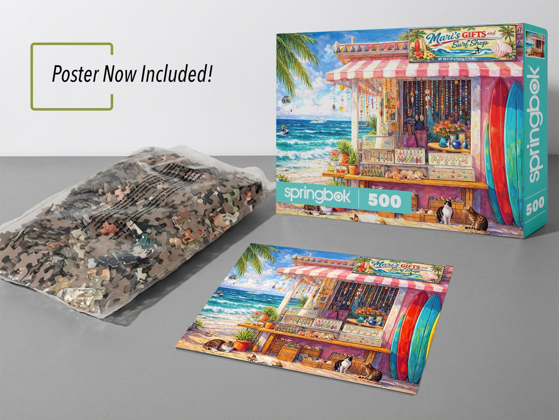 Springbok Seaside Surf Shop 500 Piece Jigsaw Puzzle for Adults - Tropical Beach Store & Ocean Scene - Poster Now Included - Coastal Vacation Artwork