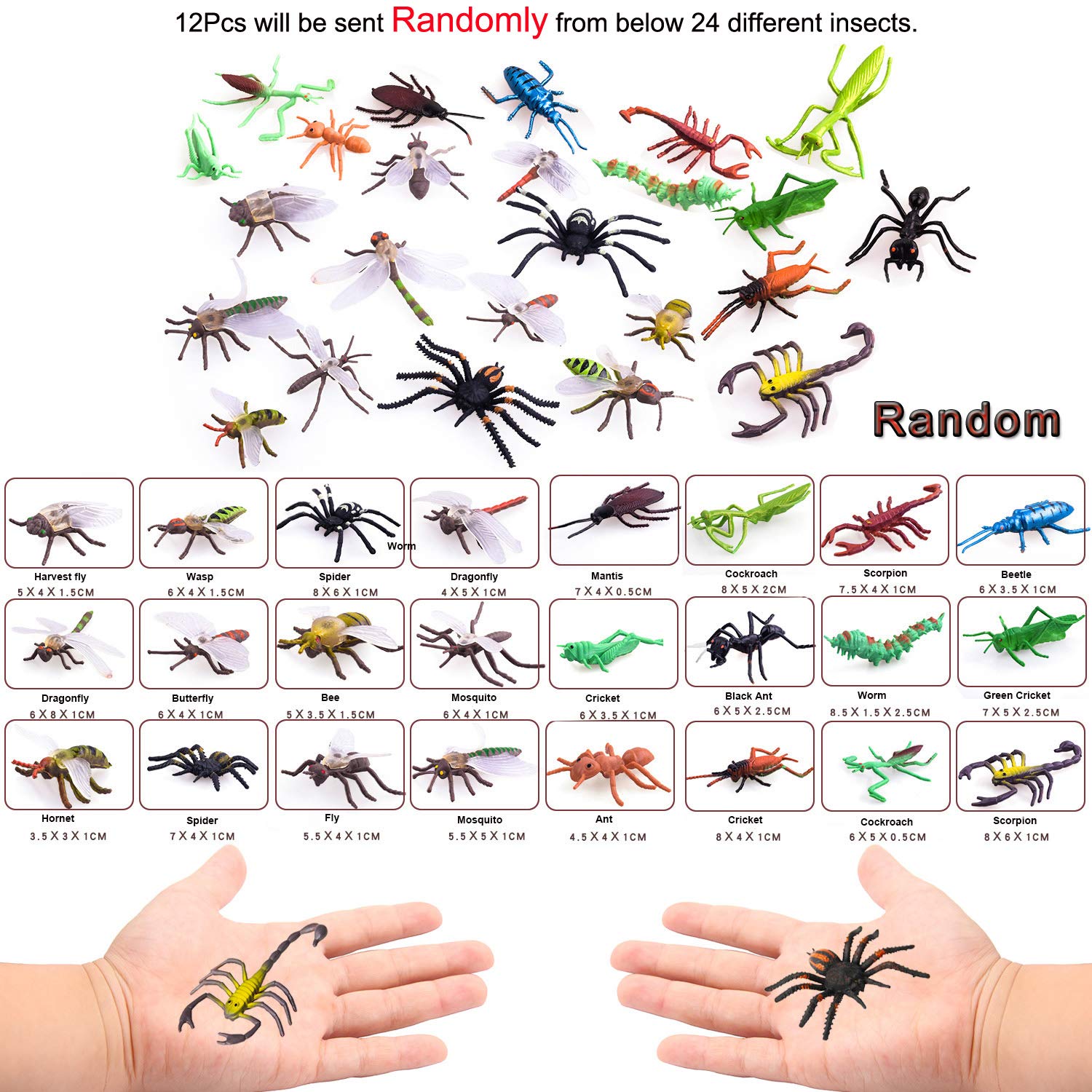 PINOWU 27pcs Bug Toy Figures Playset for Kids Boys, 2-6' Fake Insects - Spiders, Cockroaches, Scorpions, Crickets, Lady Bugs, Butterflies and Worms