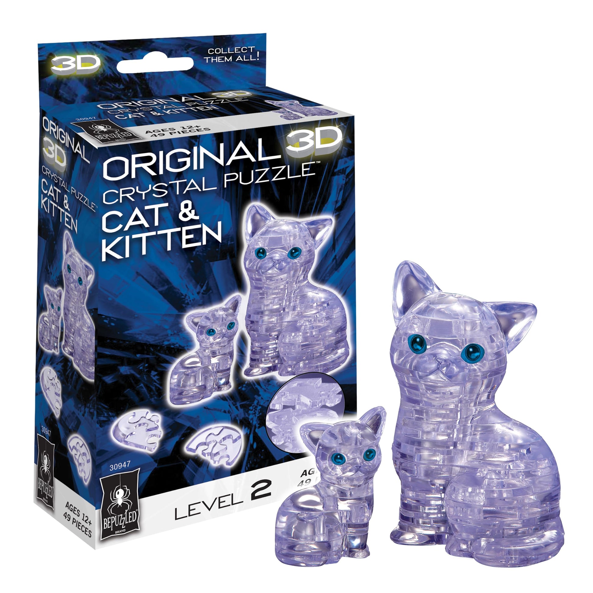 Bepuzzled Original 3D Crystal Puzzle - Cat & Kitten, Clear - Fun yet challenging brain teaser that will test your skills and imagination, For Ages 12+