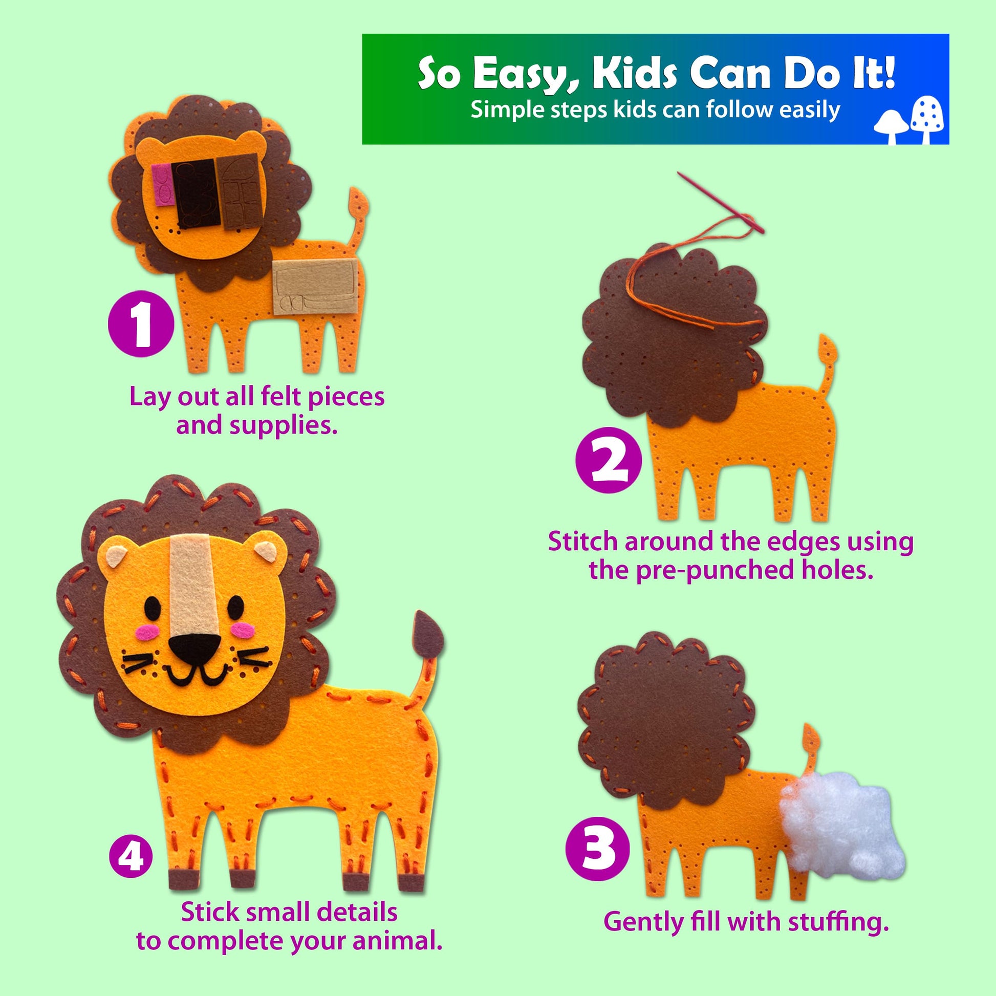 Sii Pikki Sewing Kit for Kids - 9 Easy Projects Cute Safari Animals, Beginner Sewing Kit with Felt & Instructions, Kids Sewing Kit Ages 6-12, Learn