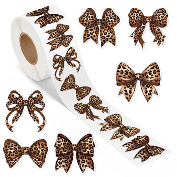 DSjuedui Trendy Cheetah Bow Roll Stickers - 1000Pcs Y2K Brown Watercolor Leopard Print Bow Vinyl Stickers, Cheetah Bowknot Waterproof Decals