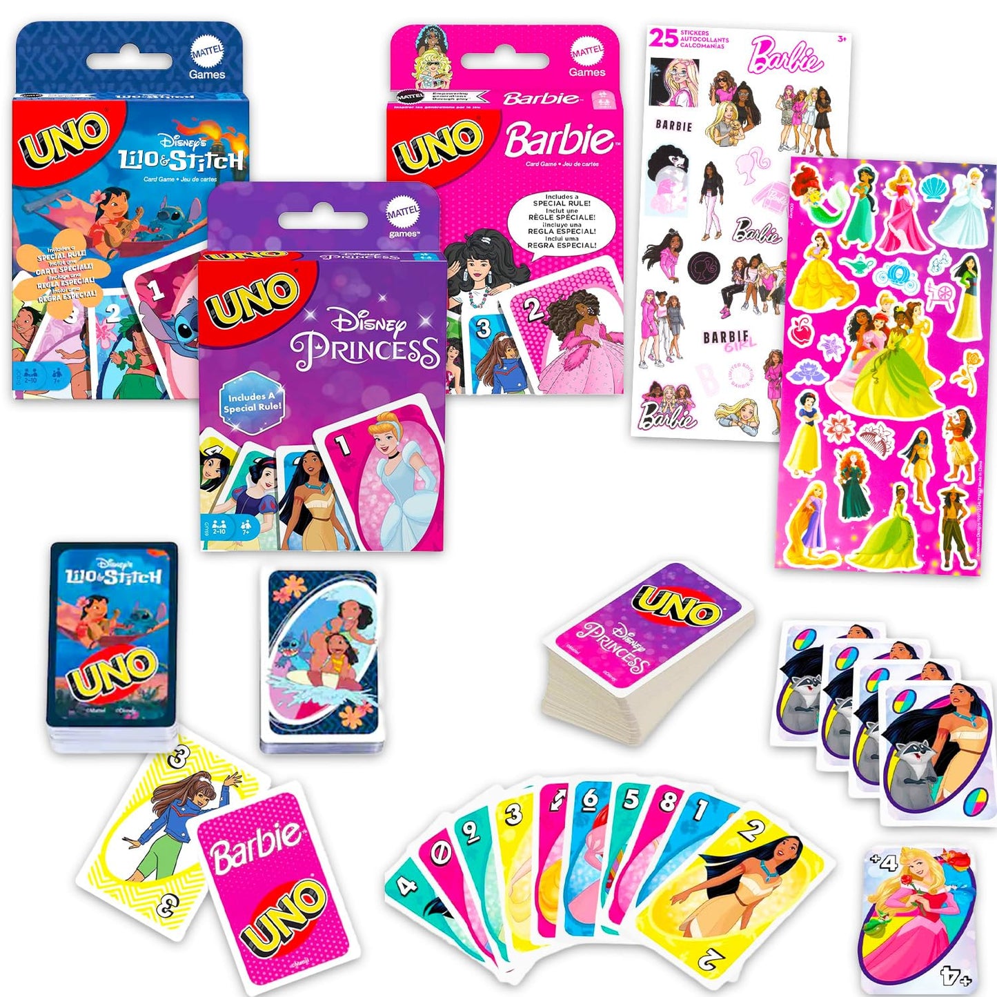 Mattel UNO Cards for Girls Set - Bundle with Disney Princess, Stitch, Barbie UNO Cards for Kids Plus Stickers | Disney Princess, Stitch, Barbie