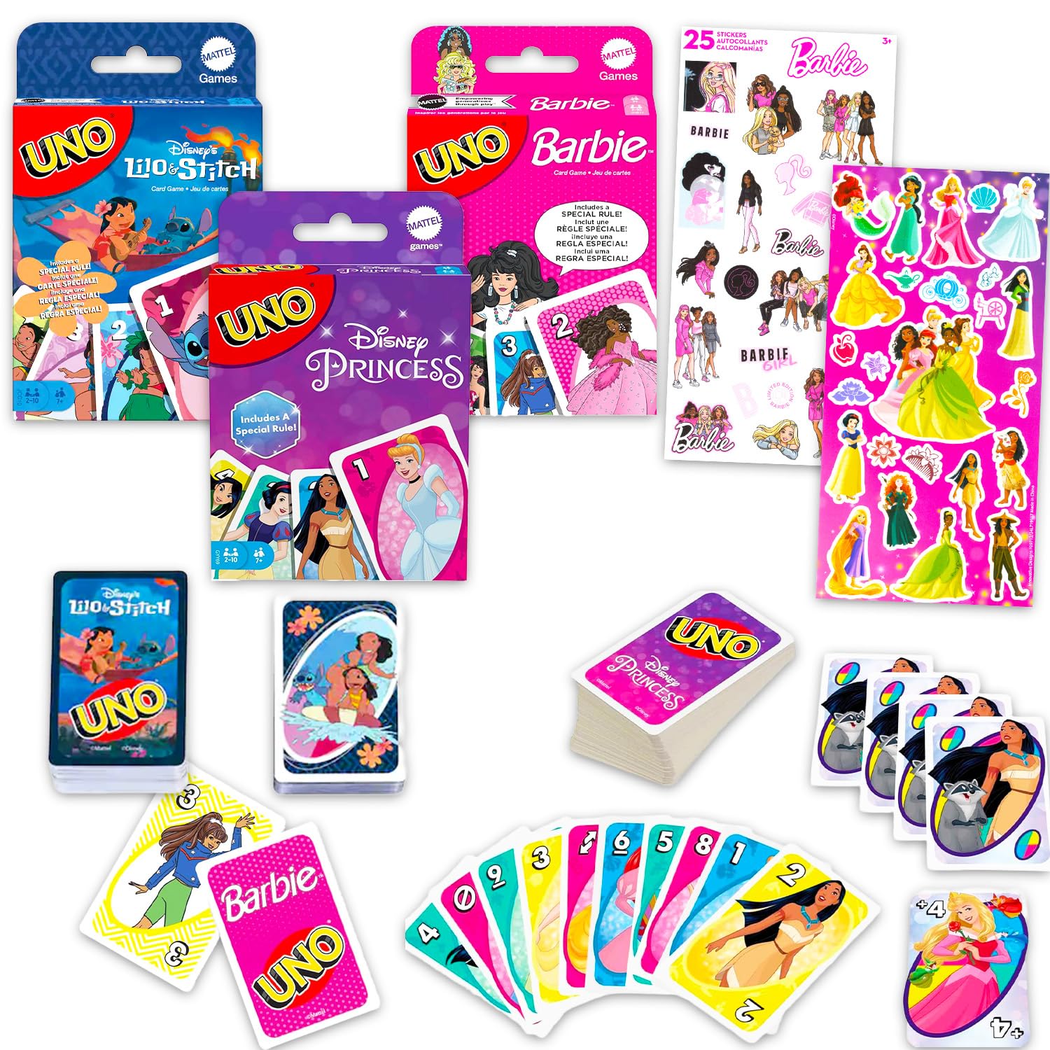 Mattel UNO Cards for Girls Set - Bundle with Disney Princess, Stitch, Barbie UNO Cards for Kids Plus Stickers | Disney Princess, Stitch, Barbie