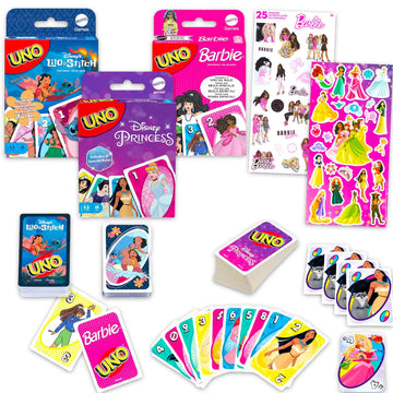 Mattel UNO Cards for Girls Set - Bundle with Disney Princess, Stitch, Barbie UNO Cards for Kids Plus Stickers | Disney Princess, Stitch, Barbie