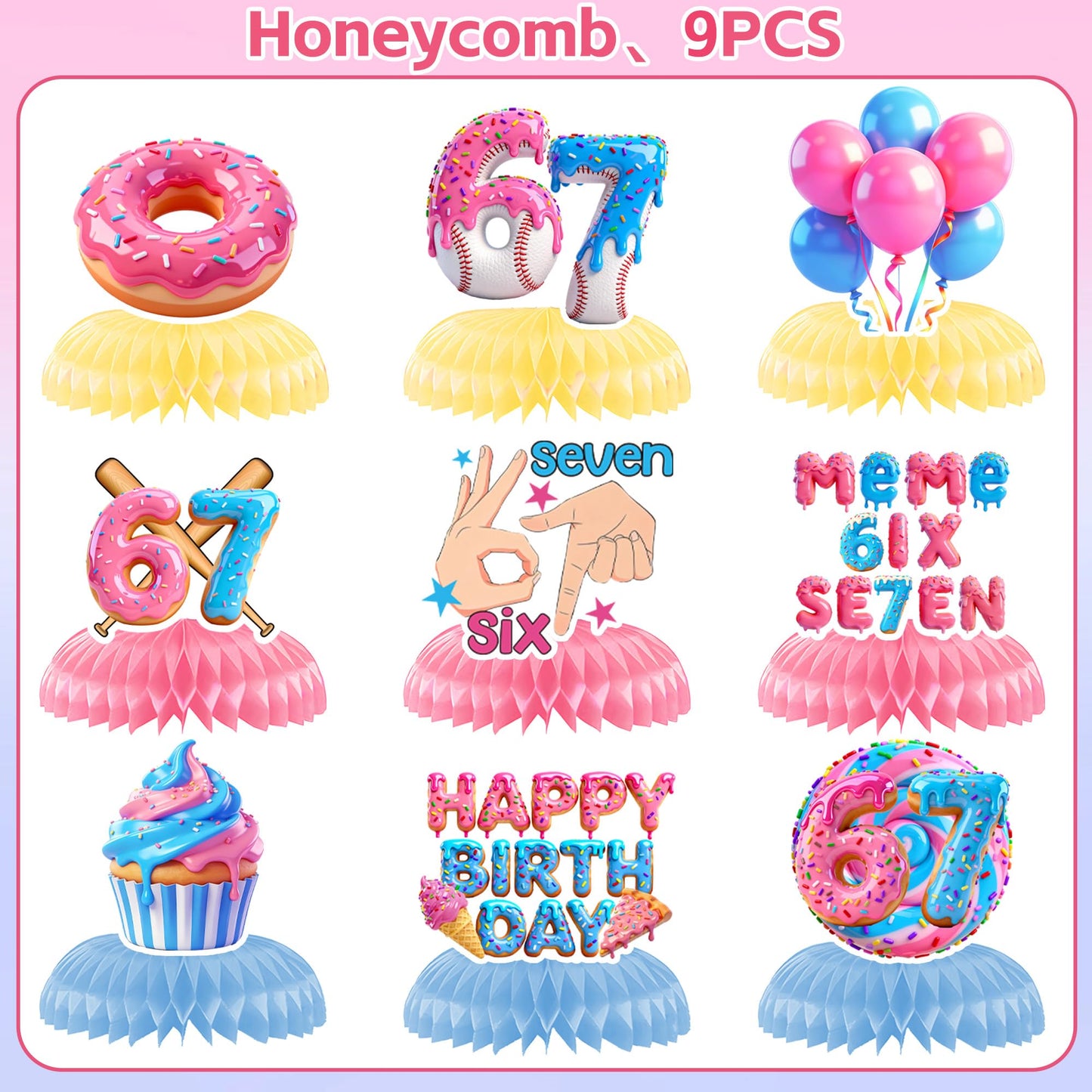 9Pcs 67 Honeycomb Table Centerpieces - 6 7 Meme Themed Birthday Decorations Set, Viral Party Decoration Supplies